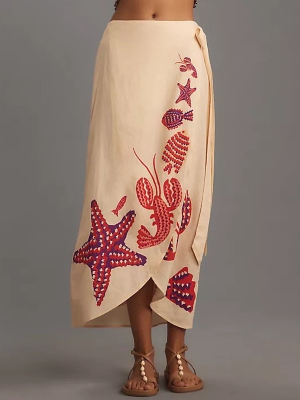 Farm Rio Lobster Print Linen Side-Tie Wrap Midi Skirt Size M